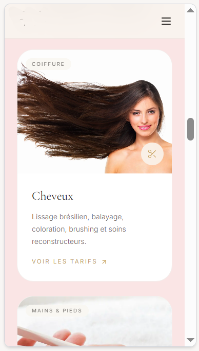 Capture d’écran, version mobile, de la liste des prestations d’un site d’institut de beauté