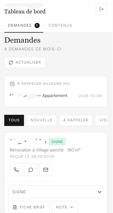 Capture d’écran, version mobile, d’un tableau de bord de suivi des demandes d’un site d’architecture