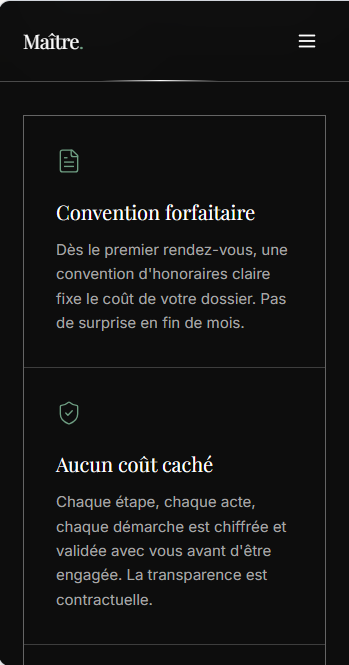 Capture d’écran, version mobile, des domaines d’intervention d’un site de cabinet d’avocats
